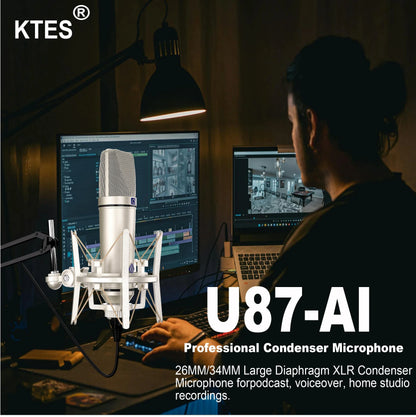 Silver u87 ai condenser microphone with mesh grille and xlr connector mounted on white shock mount for vocal recording podcast
