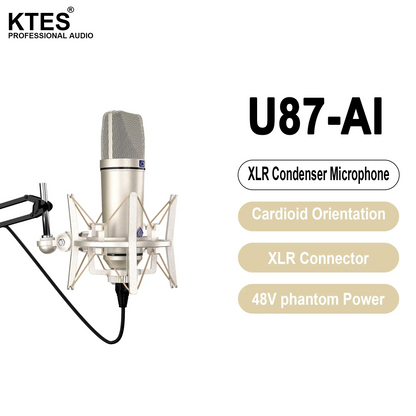 Silver u87 ai condenser microphone with metal body and mesh grille ideal for vocal recording podcast youtube streaming