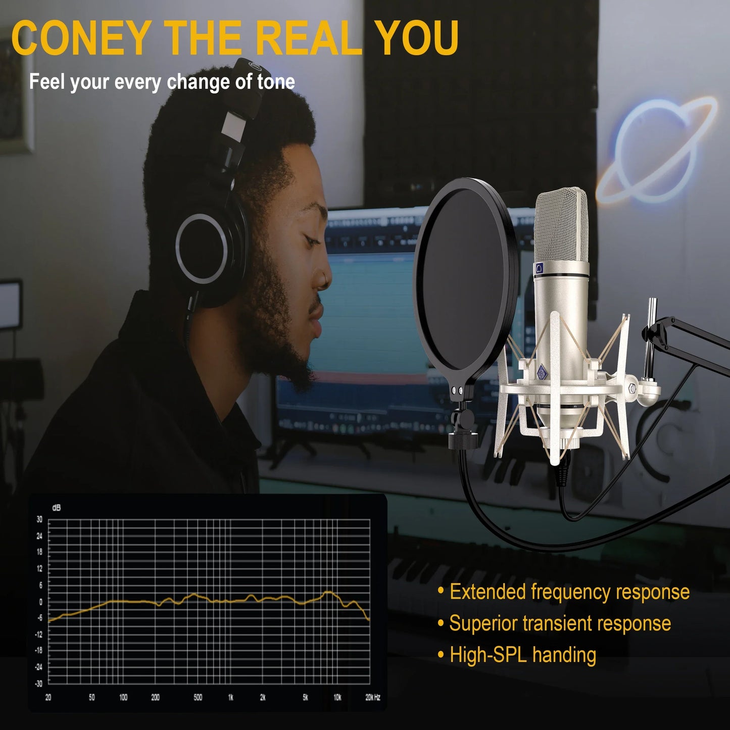 Silver u87 ai condenser microphone with pop filter and shock mount on adjustable arm for vocal recording podcast youtube