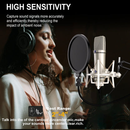 Silver u87 ai condenser microphone with pop filter and shock mount for vocal recording podcast and recording podcast youtube