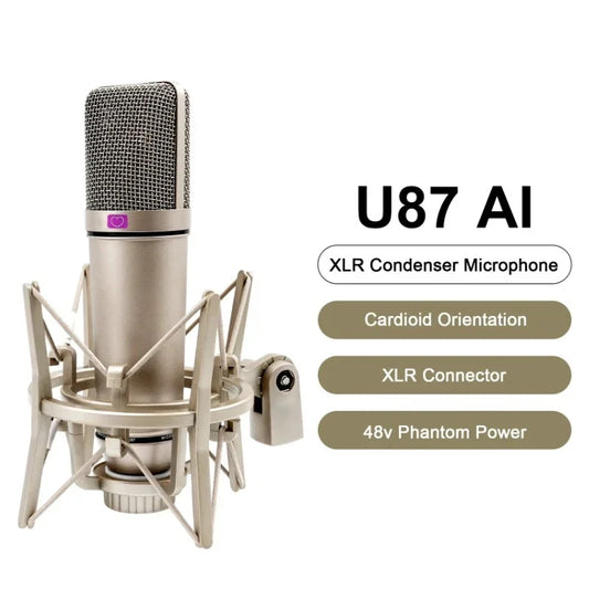 The u87 ai xlr condenser microphone is a sleek silver metallic mic with a purple logo for recording podcasting voice