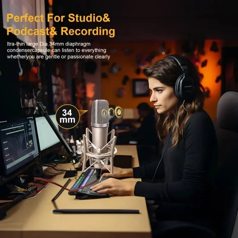 Silver 34mm u87 ai xlr condenser microphone with metallic grille and shock mount for recording podcasting voice and streaming home studio