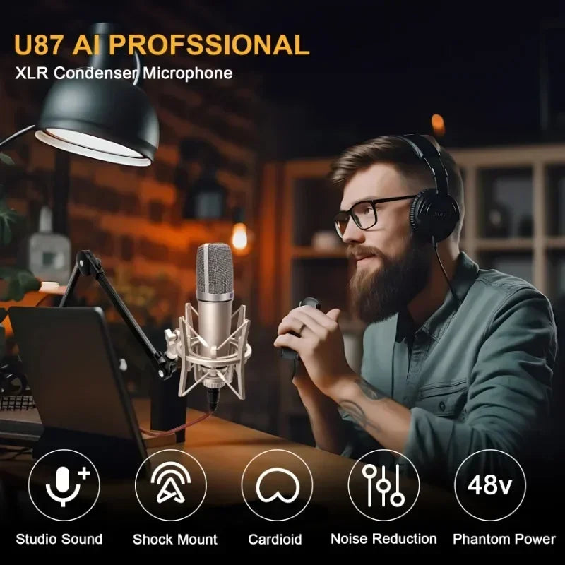 Silver u87 ai xlr condenser microphone with metallic grille and shock mount for recording podcasting voice streaming home studio