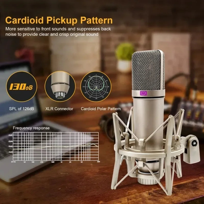 Silver u87 ai xlr condenser microphone with mesh grille and purple logo on shock mount for recording podcasting voice and streaming home studio