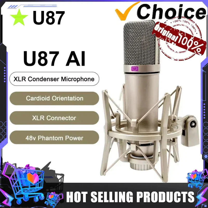 The u87 ai xlr condenser microphone in metallic silver with mesh grille and purple logo for recording podcasting voice and streaming home studio