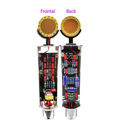 Gold-colored u87 condenser microphone with black circuit board and colorful components for professional studio recording and live streaming