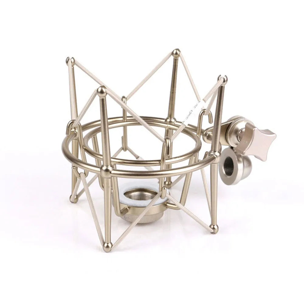 Silver-colored metal microphone shock mount with star-shaped knob for u87 condenser microphone professional studio recording and live streaming microphone