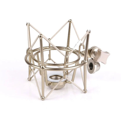 Silver-colored metal microphone shock mount with star-shaped knob for u87 condenser microphone professional studio recording and live streaming microphone