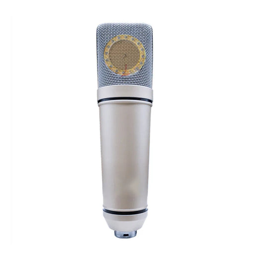 Silver u87 condenser microphone with gold center mesh grille and sleek metallic body for large diaphragm professional use and live streaming