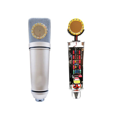 Silver u87 condenser microphone with mesh grille and exposed internal circuitry for professional studio recording and live streaming