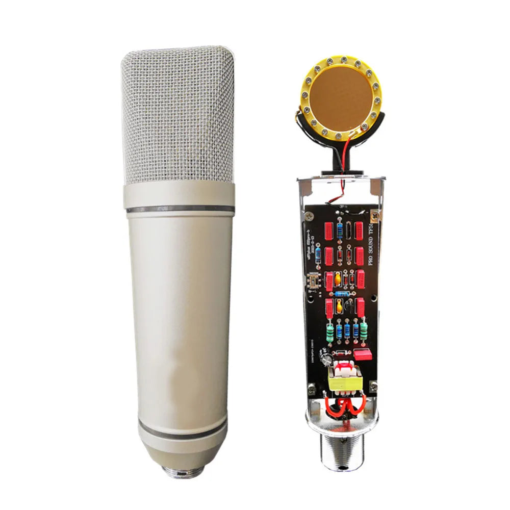 Silver u87 condenser microphone with mesh grille and exposed colorful circuit board for professional studio recording and live streaming