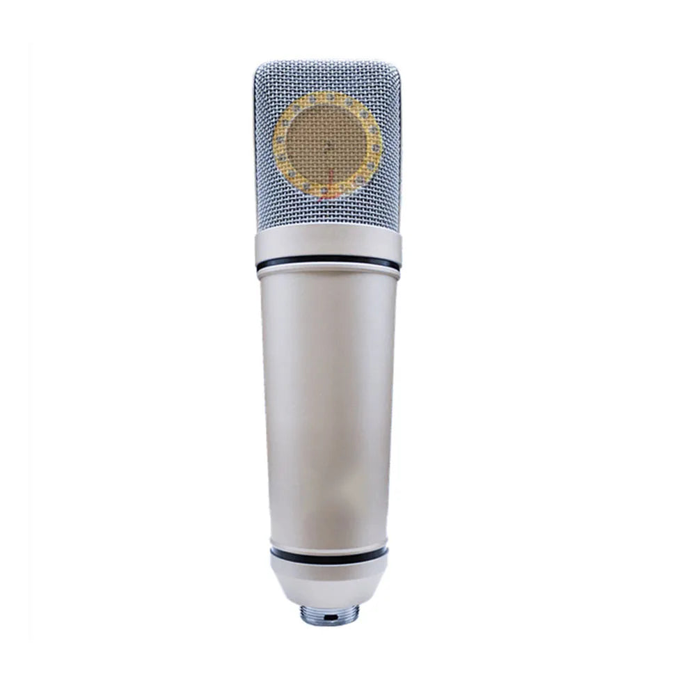 Silver u87 condenser microphone with gold center and mesh grille for professional studio recording and live streaming use