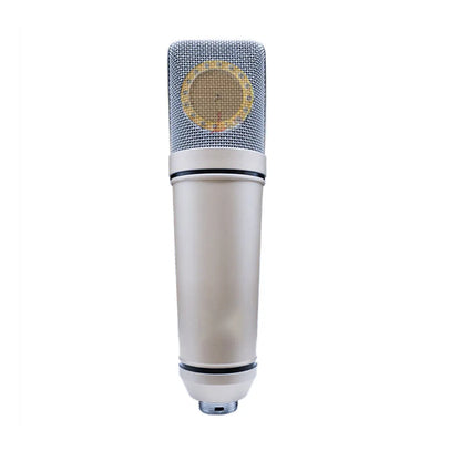 Silver u87 condenser microphone with gold center and mesh grille for professional studio recording and live streaming use