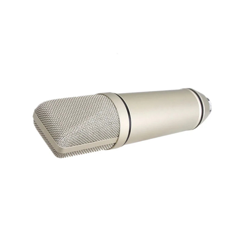 A sleek metallic silver u87 condenser microphone with a 34mm diaphragm for professional studio recording and live streaming