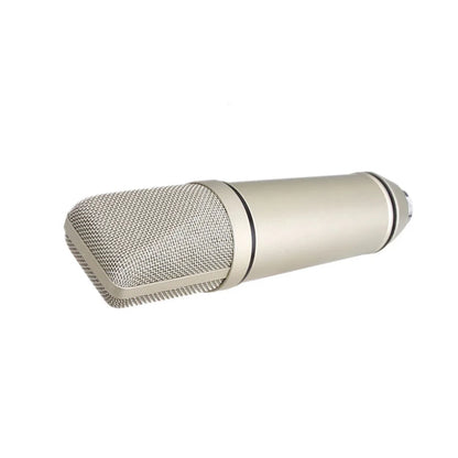 A sleek metallic silver u87 condenser microphone with a 34mm diaphragm for professional studio recording and live streaming