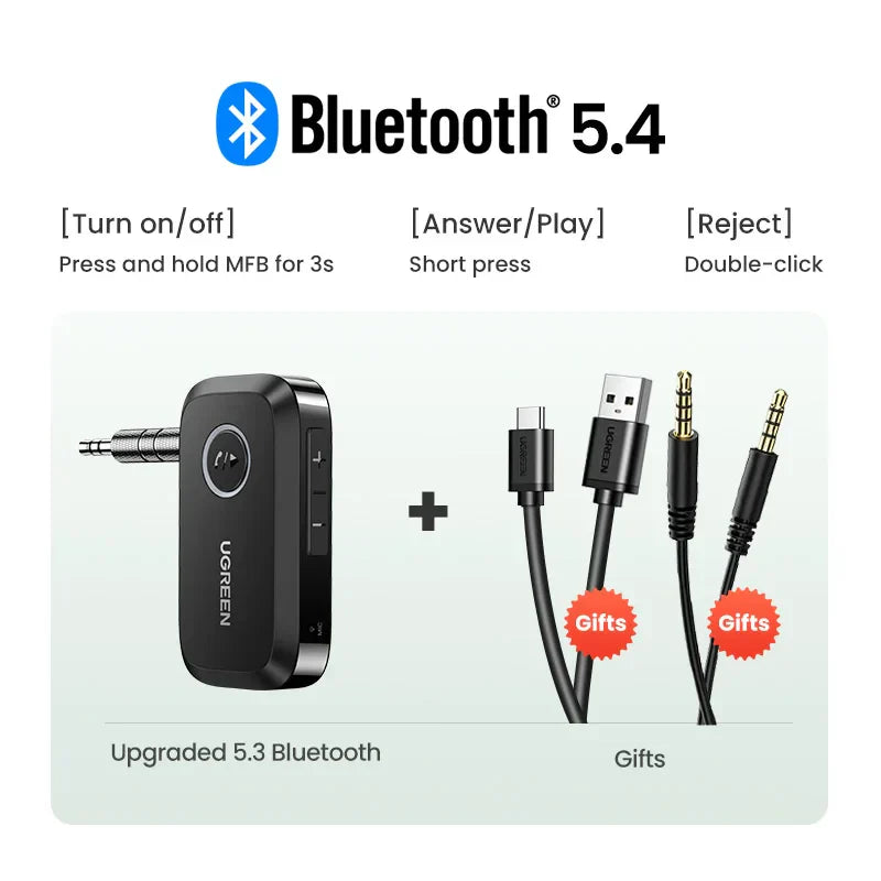 Ugreen black bluetooth 6.0 audio adapter with aux jacks and hands free bluetooth for car speakers and type beat music gifts