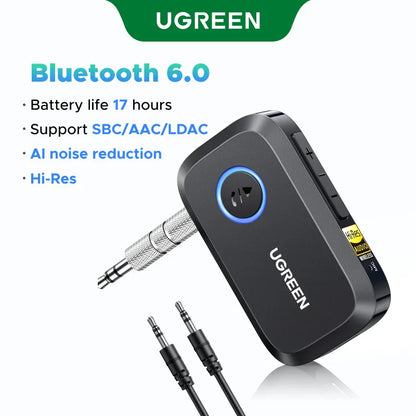Black UGREEN Bluetooth 6.0 wireless audio adapter with metallic 3.5mm aux jacks and blue power button for hands free Bluetooth use