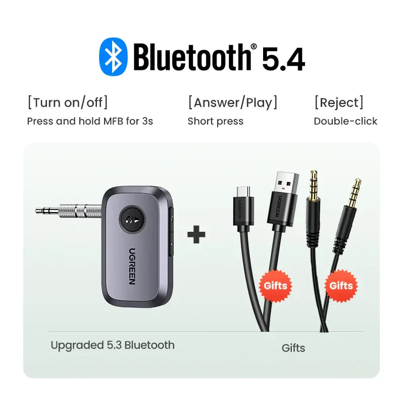 Gray ugreen hands free bluetooth 5.4 adapter with metallic finish aux jacks and three black usb-c cables as gifts