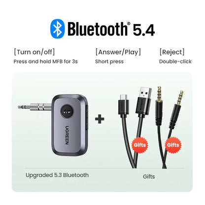 Gray ugreen hands free bluetooth 5.4 adapter with metallic finish aux jacks and three black usb-c cables as gifts