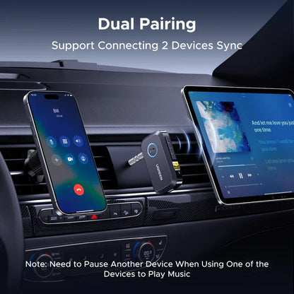 Black UGREEN Bluetooth 6.0 hands free bluetooth adapter with blue LED and metallic connector for car aux jacks