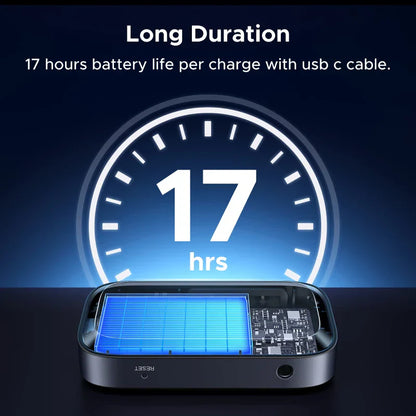 Silver rectangular portable solar charger with blue grid solar panel and visible circuit board for hands free bluetooth aux jacks