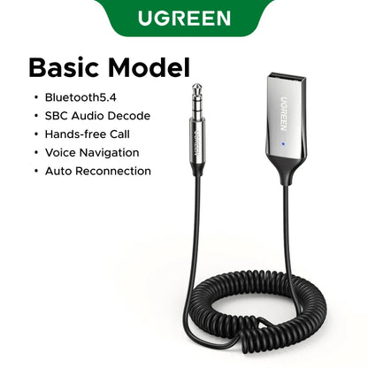 Silver UGREEN handsfree adapter Bluetooth 5.4 with coiled black cable USB connector for 3.5mm AUX music and navigation streaming microphone