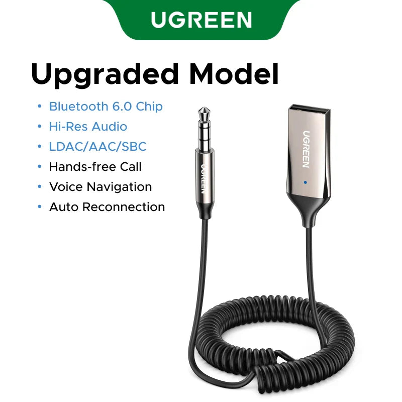 Ugreen handsfree adapter bluetooth 6.0 with metallic finish black coiled cable 3.5mm aux music and navigation streaming microphone