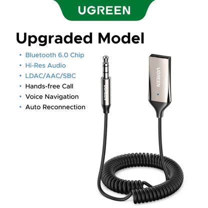 Ugreen handsfree adapter bluetooth 6.0 with metallic finish black coiled cable 3.5mm aux music and navigation streaming microphone