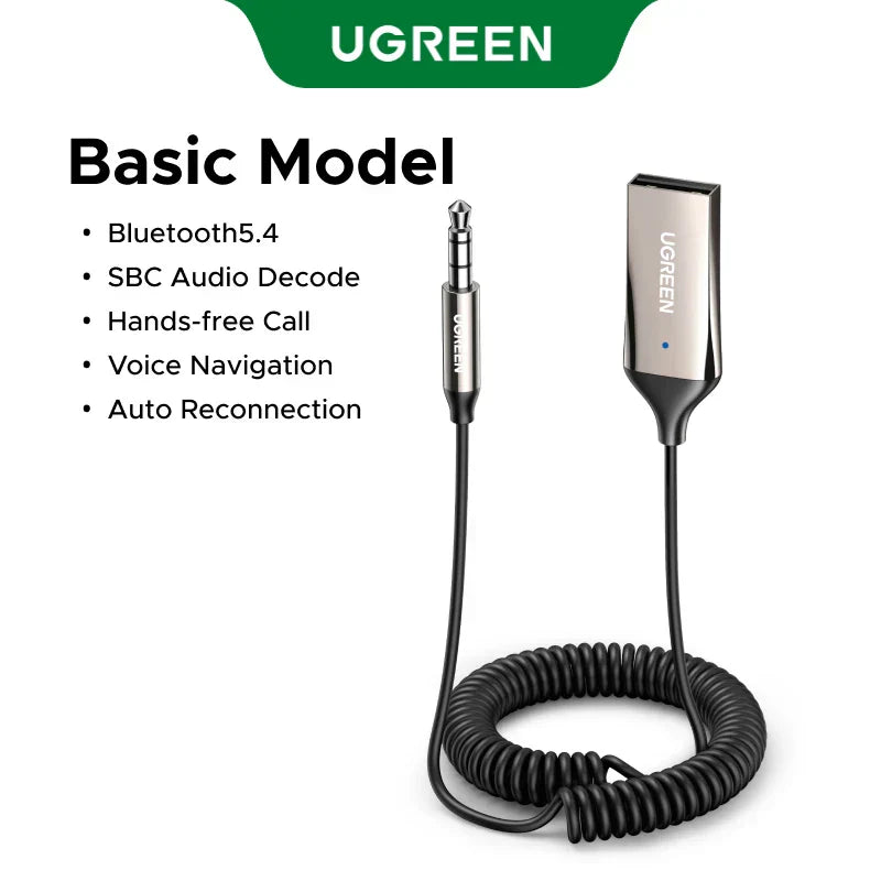 Ugreen handsfree adapter bluetooth 5.4 with sleek metallic finish black coiled cable for 3.5mm aux music navigation streaming microphone