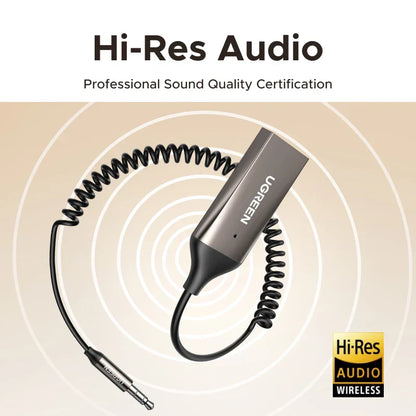 A sleek matte black ugreen handsfree adapter bluetooth with coiled cable and 3.5mm aux music navigation streaming microphone