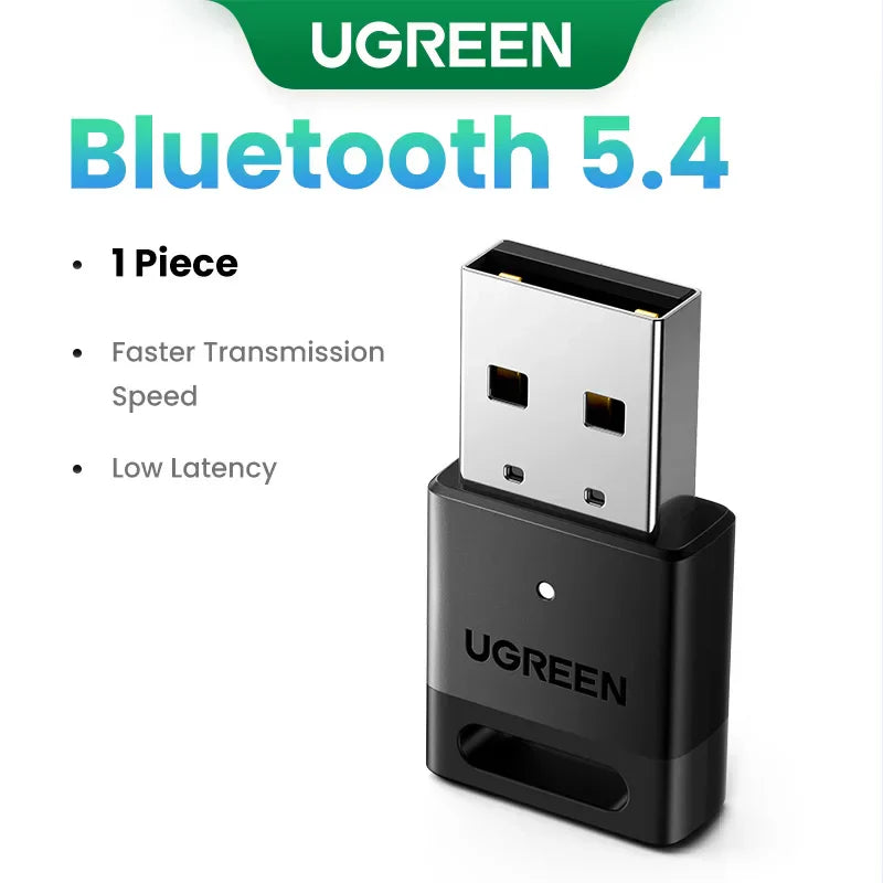 Black UGREEN Bluetooth 5.4 USB receiver with silver metallic top branded for dongle wireless mouse and music audio receiver use
