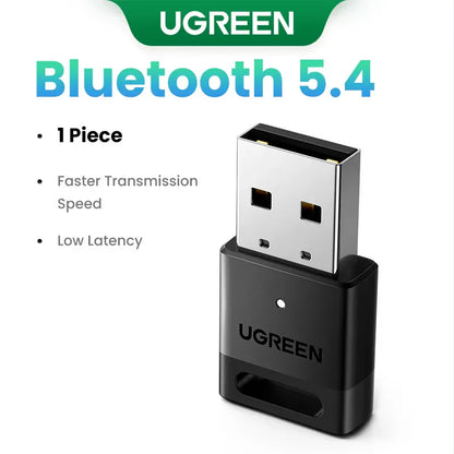 Black UGREEN Bluetooth 5.4 USB receiver with silver metallic top branded for dongle wireless mouse and music audio receiver use