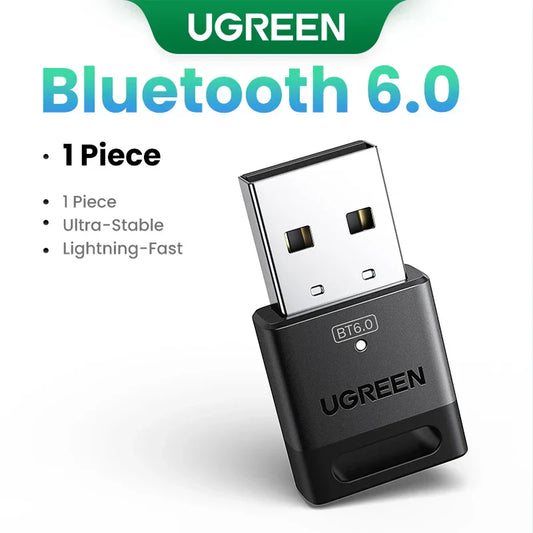 Black UGREEN Bluetooth 6.0 USB adapter with metallic silver connector labeled bt6.0 for dongle wireless mouse and music audio receiver