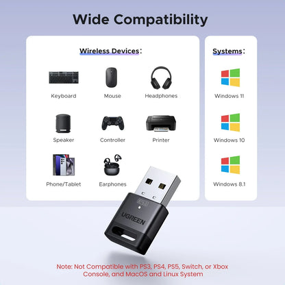 Black ugreen usb bluetooth 5.0 adapter with metallic connector is a sleek receiver usb transmitter for dongle wireless mouse and music audio receiver