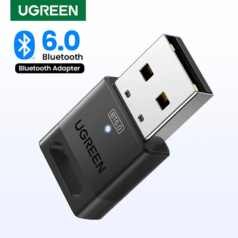 Black UGREEN Bluetooth 6.0 USB adapter with metallic connector and status light for dongle wireless mouse and music audio receiver