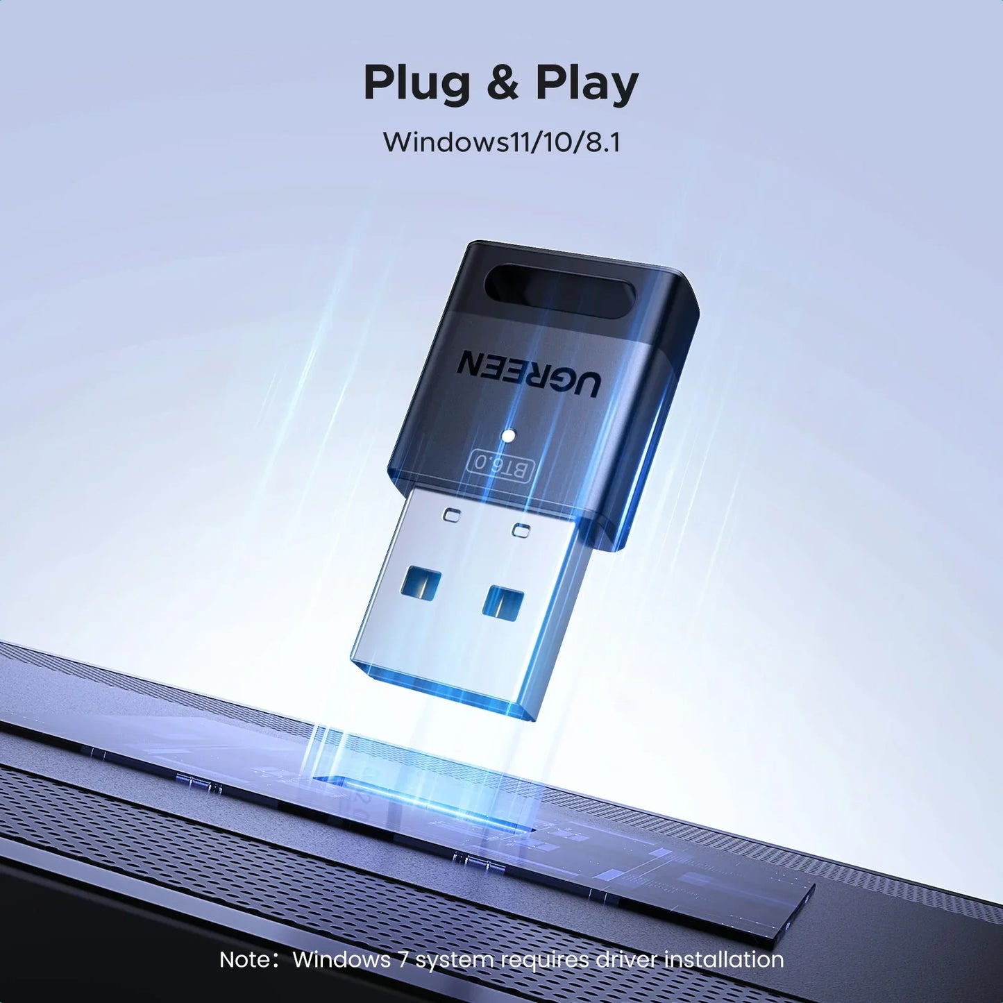 Black and silver UGREEN usb bluetooth 5.0 adapter with sleek compact design for easy dongle wireless mouse and music audio receiver use
