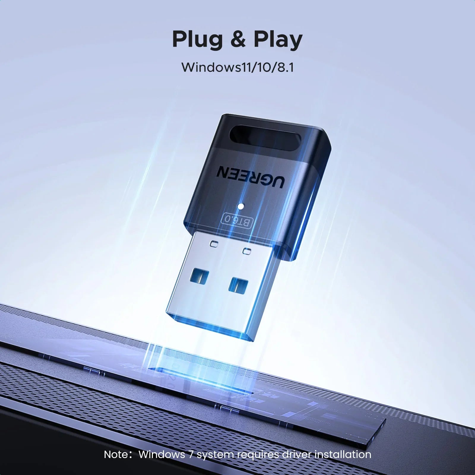 Black and silver UGREEN usb bluetooth 5.0 adapter with sleek compact design for easy dongle wireless mouse and music audio receiver use