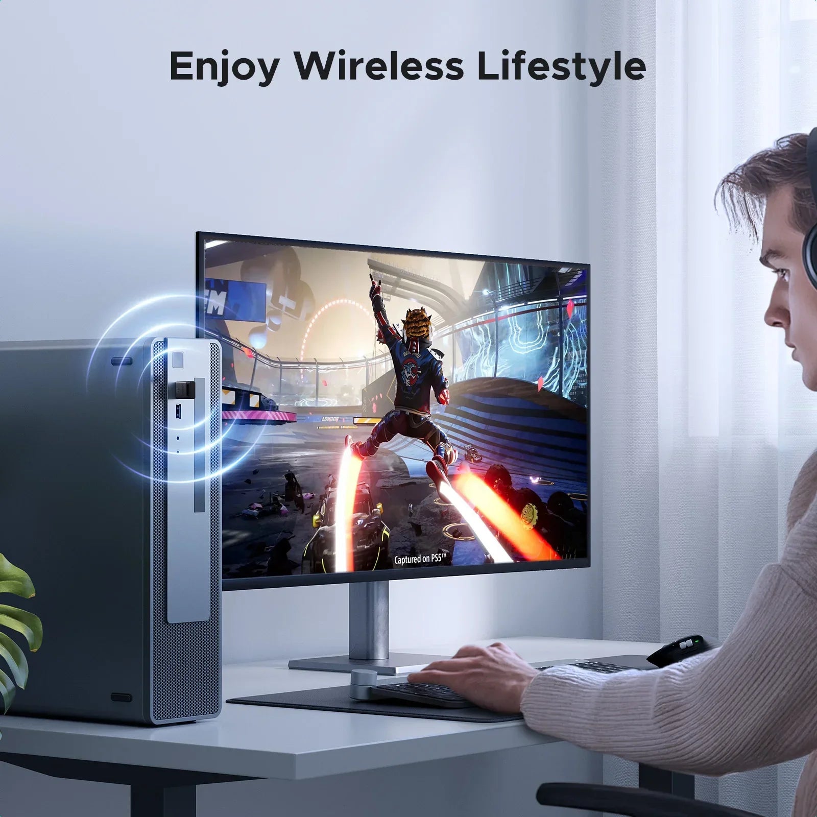 A black and silver gaming monitor with slim bezel displaying vibrant video game scene for dongle wireless mouse and receiver usb transmitter use