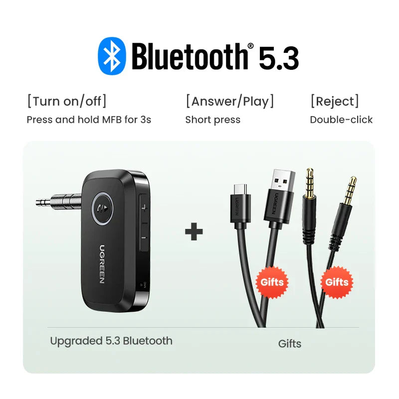 Black UGREEN Bluetooth car receiver adapter with Bluetooth 5.3 circular button and three USB-A to audio jack cables gifts