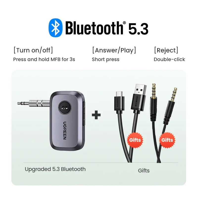 Ugreen bluetooth car receiver adapter with bluetooth 5.3, sleek gray metallic finish, and included audio cables gifts