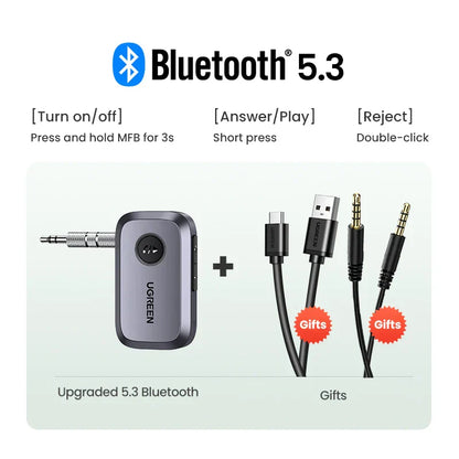 Ugreen bluetooth car receiver adapter with bluetooth 5.3, sleek gray metallic finish, and included audio cables gifts