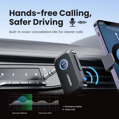 Black ugreen bluetooth car adapter with metallic 3.5mm jack and blue illuminated buttons for hands free music receiver