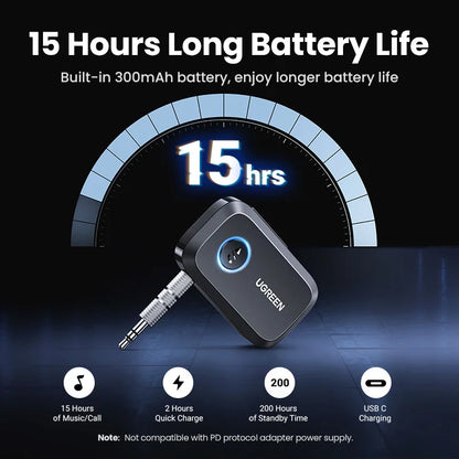 Black ugreen bluetooth car adapter with silver 3.5mm jack and blue led indicator for music receiver hands free use
