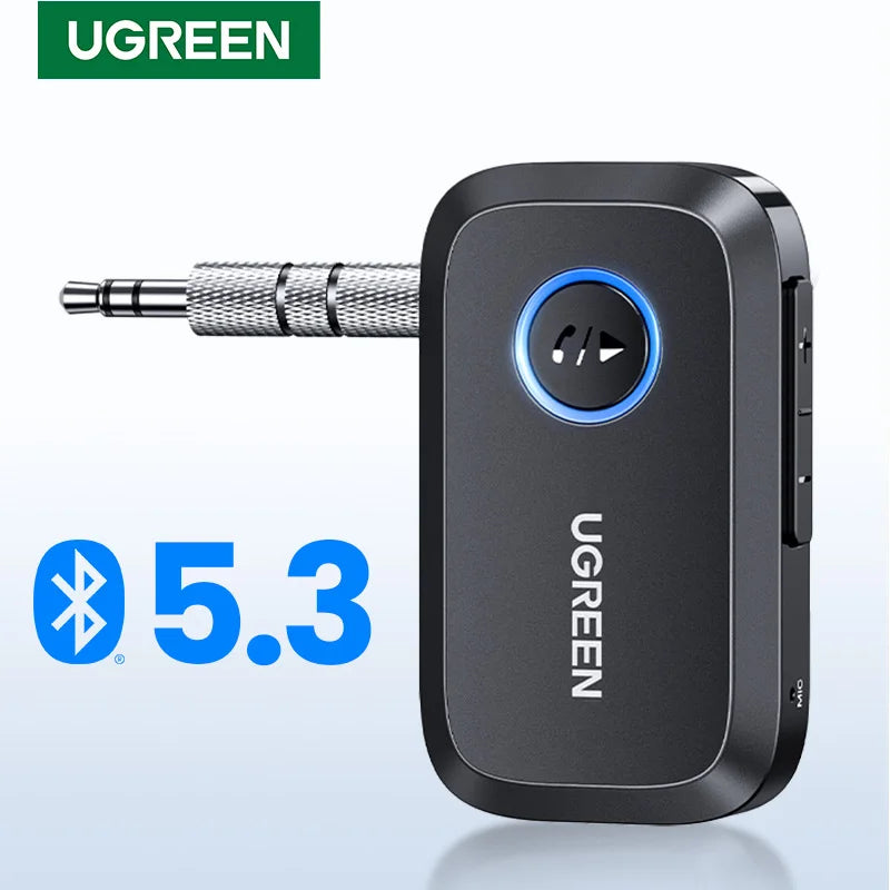 Black ugreen bluetooth car receiver adapter with metallic 3.5mm jack and illuminated control button for hands free music receiver