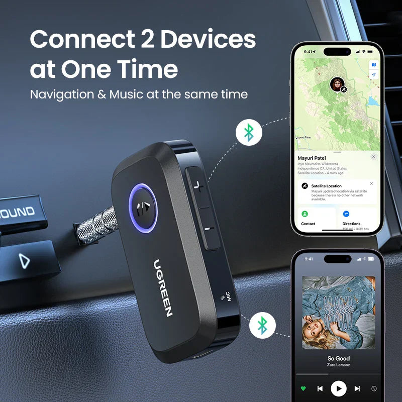 Black UGREEN bluetooth car adapter with glowing blue button and metal connector for music receiver hands free use