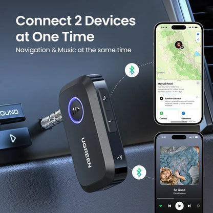 Black UGREEN bluetooth car adapter with glowing blue button and metal connector for music receiver hands free use
