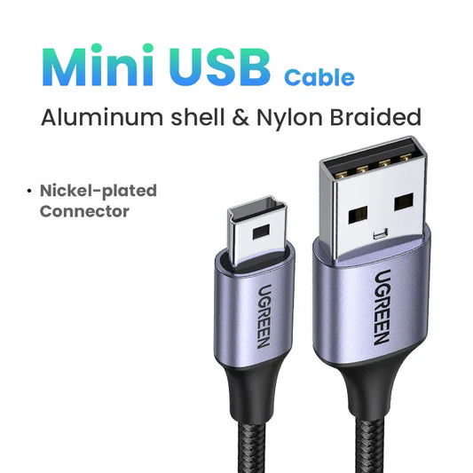 Silver ugreen mini usb cable with aluminum shell nylon braided design for fast data charger car dvr gps devices