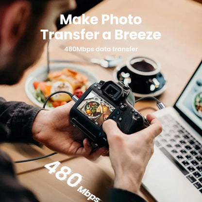 Black dslr camera with screen showing food photo connected to ugreen mini usb fast data charger cable for car dvr gps use