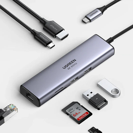 Silver ugreen 7-in-1 usb splitter docking hub with 4k 60hz hdmi pd100w in sleek metallic finish for lapop macbook accessories