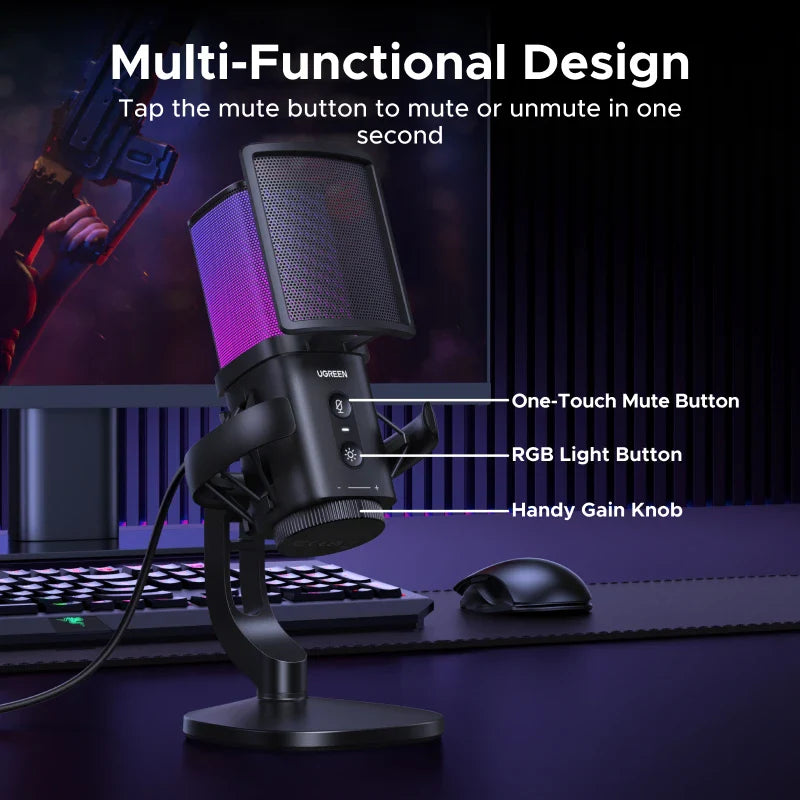 Black ugreen usb microphone with purple-lit mesh grille and adjustable gain knob for gaming karaoke recording streaming podcasting